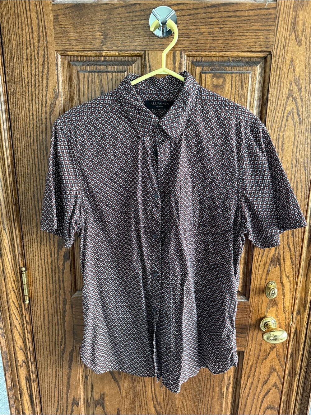 All Saints Men's Short-Sleeve Button-Down Shirt in Burgundy Geometric Print